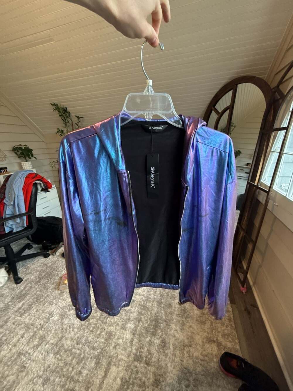 Allegra K Women's Holographic Shiny Long Sleeve Hooded Metallic Jacket, Small